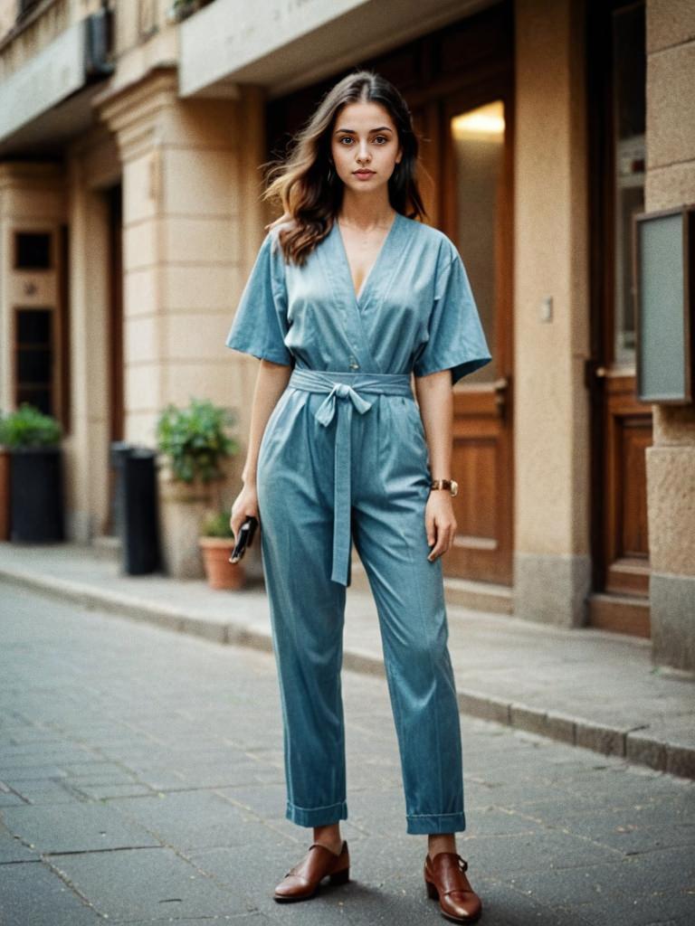 Woman in Stylish Denim Jumpsuit on City Street