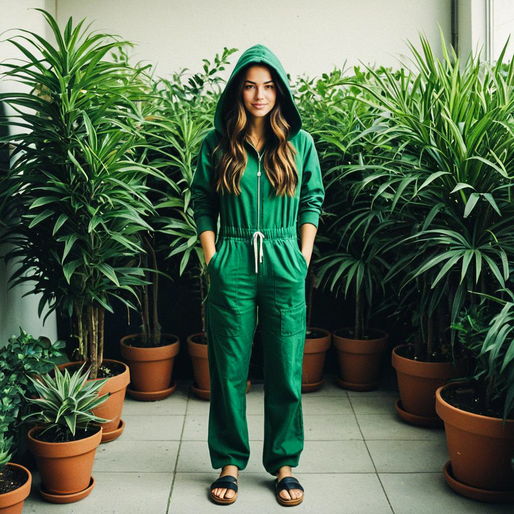 Confident Woman in Green Jumpsuit Among Lush Plants Confident Woman in Green Jumpsuit Among Lush Plants