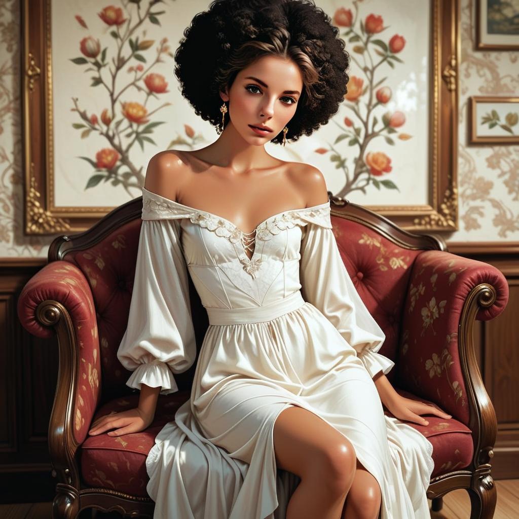 Woman in Off-Shoulder Dress on Vintage Armchair