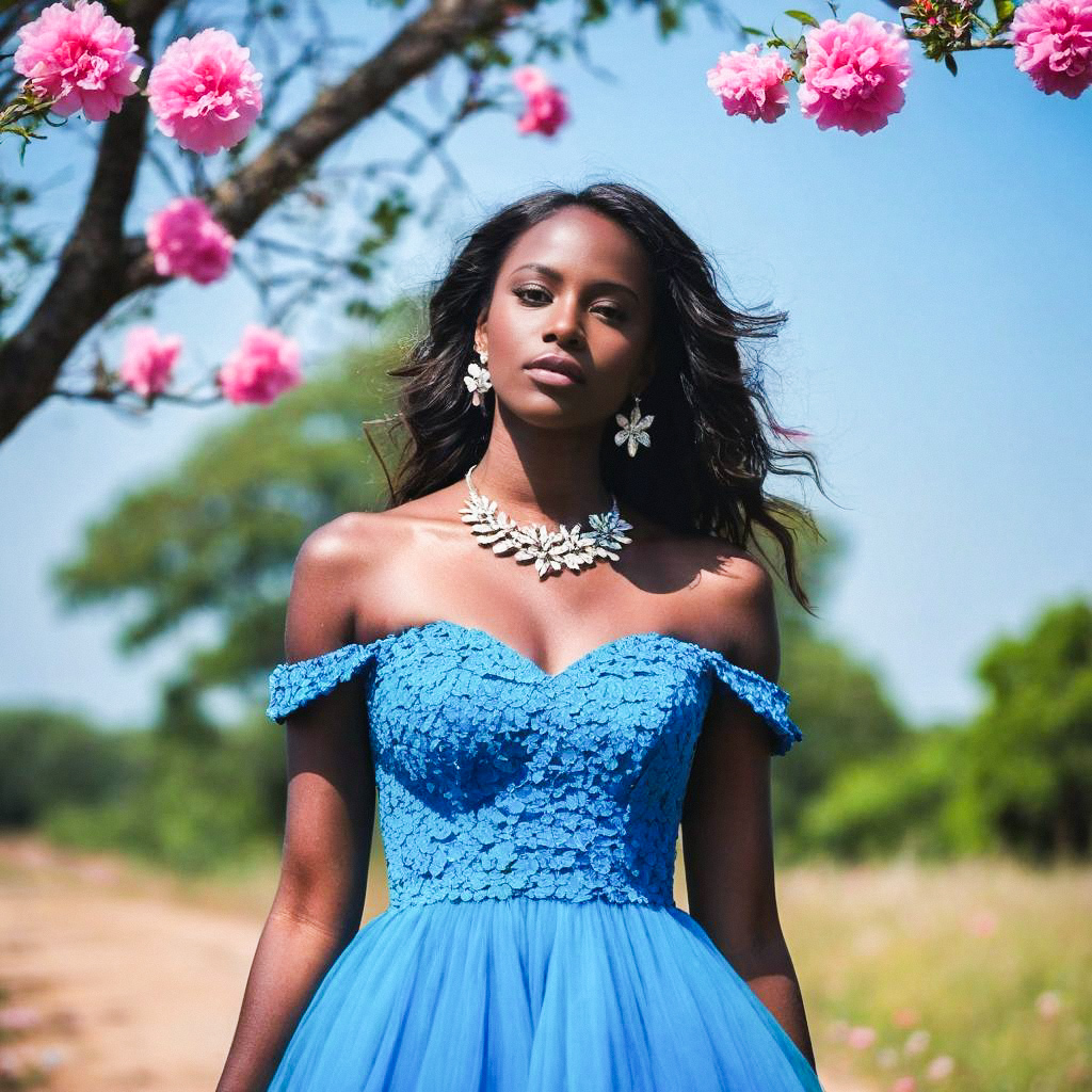 Confident Woman in Elegant Blue Gown Outdoors