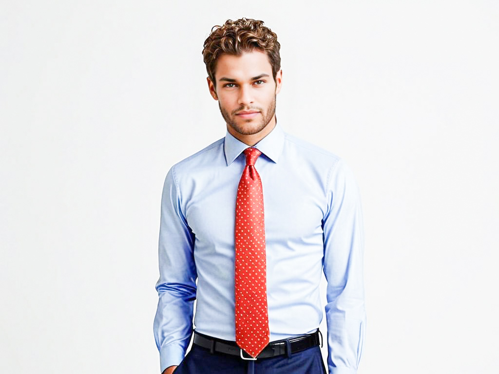 Confident Young Man in Light Blue Shirt and Red Polka Dot Tie