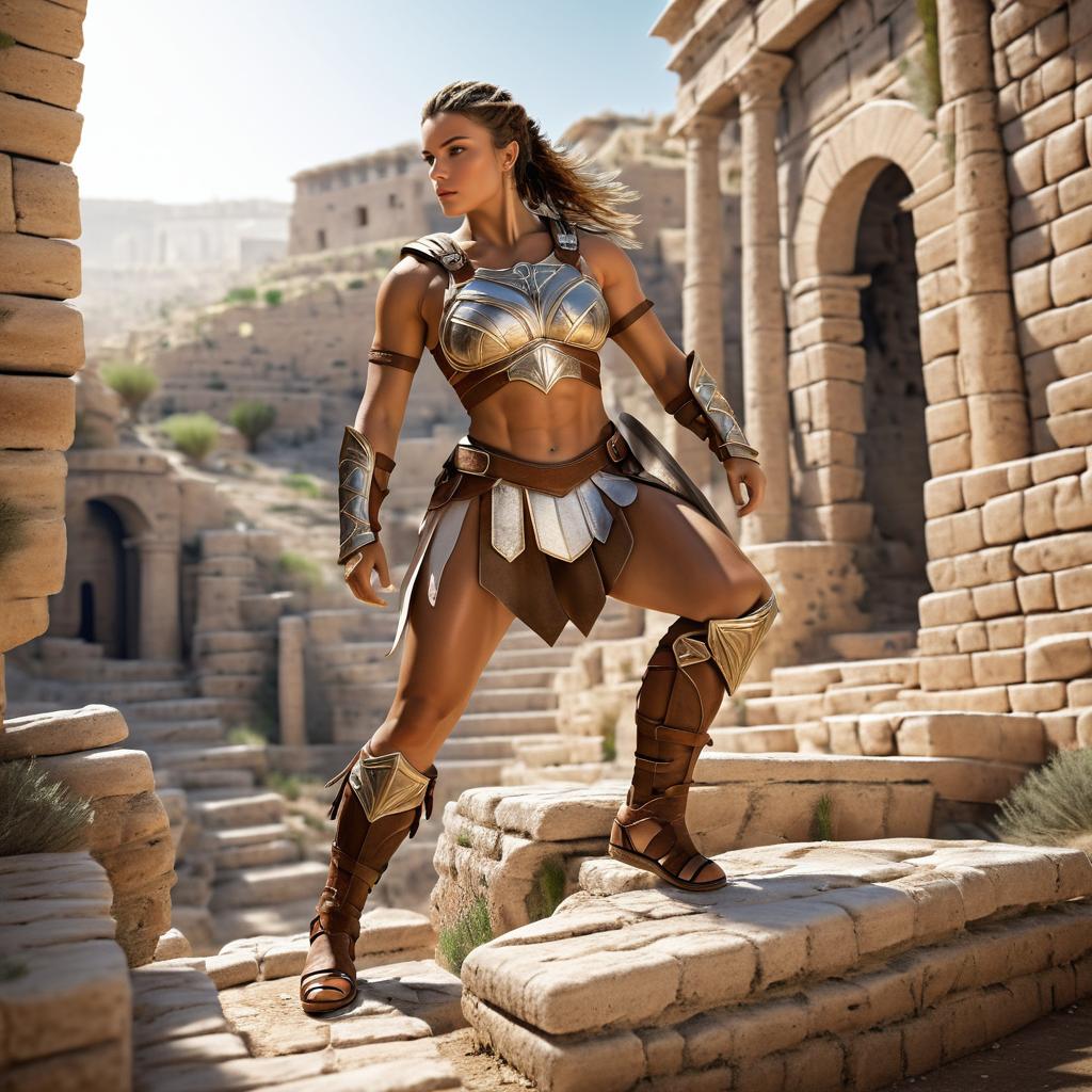 Powerful Female Warrior in Ancient Ruins