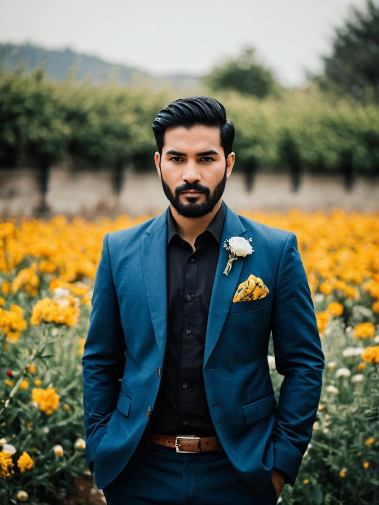 Stylish Groom in Blue Suit with Floral Pocket Square Outdoors
