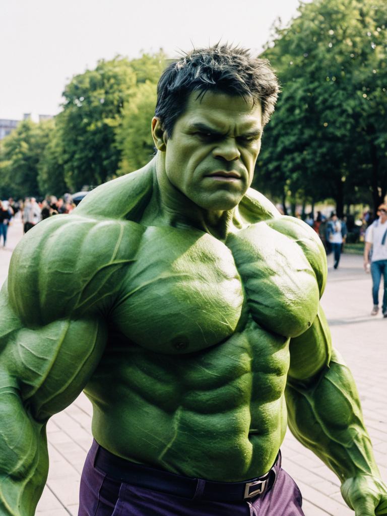 Man in Detailed Hulk Costume Outdoor Cosplay Portrait in Bright Daylight