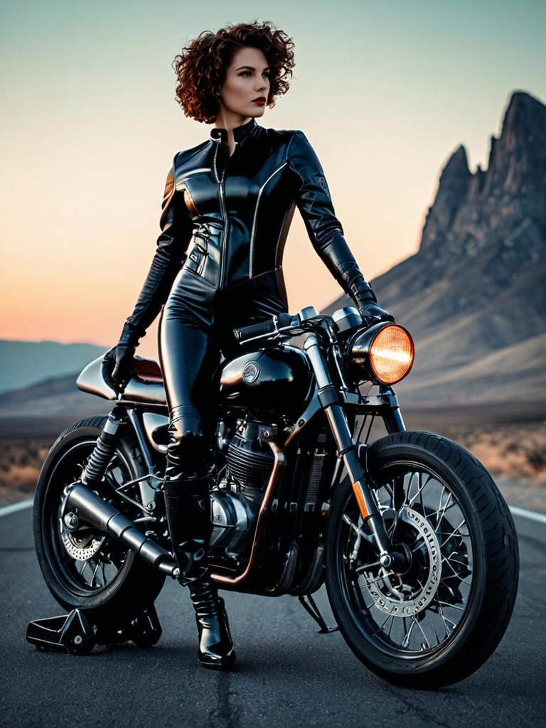 Woman in Black Leather Outfit with Classic Motorcycle on Open Road at Sunset
