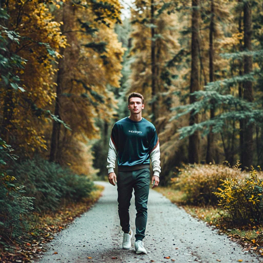 Young Man Walking in Autumn Forest