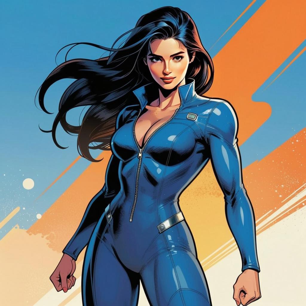 Strong Woman in Glossy Blue Bodysuit Comic Artwork