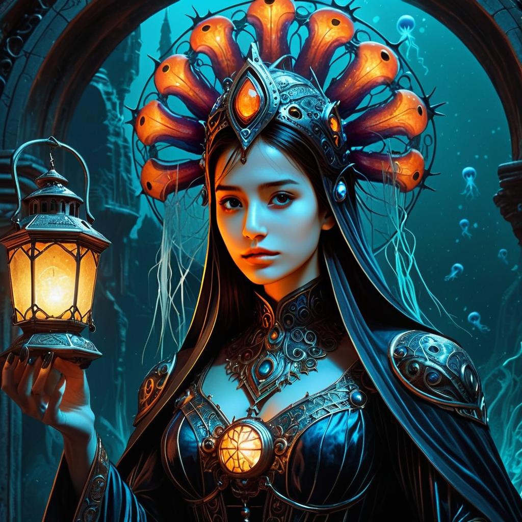Fantasy Woman in Ornate Armor Holding Lantern Underwater
