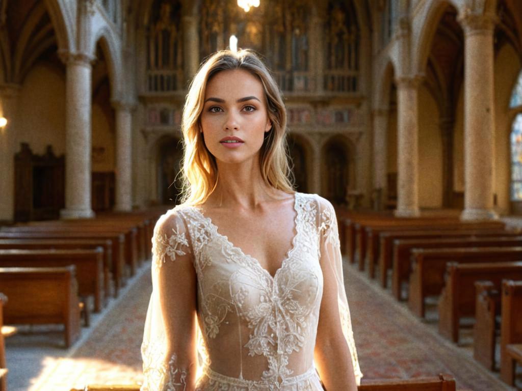 Woman in Elegant Lace Wedding Dress in Grand Church