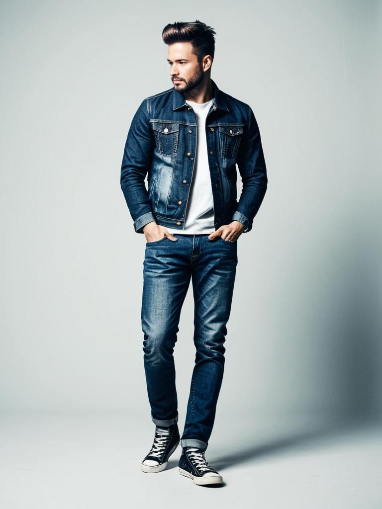 Man in Stylish Jeans Outfit Full Body Modern Fashion Photo