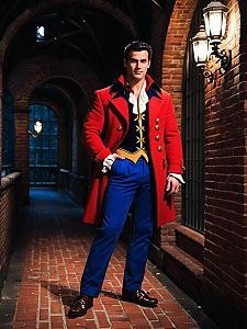Man Dressed as Disney Gaston in Red Coat and Blue Pants Standing on Brick Walkway