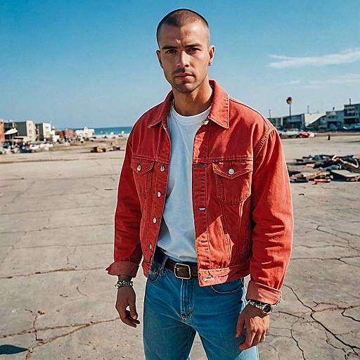 Man Wearing Red Denim Jacket and Blue Jeans Outdoors Urban Style