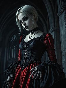 Gothic Victorian Woman in Red and Black Corset Dress