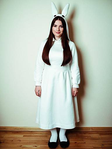 Woman in White Bunny Costume Dress Standing Indoors
