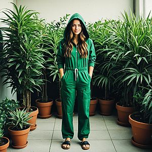 Confident Woman in Green Jumpsuit Among Lush Plants