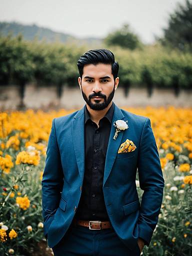 Stylish Groom in Blue Suit with Floral Pocket Square Outdoors