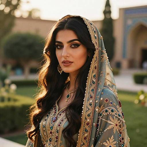 Elegant Woman in Embroidered Traditional Outfit with Gemstone Details