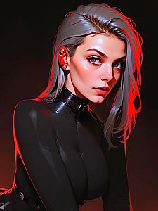 Cyberpunk Woman in Black Latex Outfit with Silver Hair Digital Art