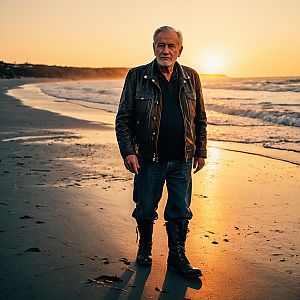 Older Man Walking on Beach at Sunset in Leather Jacket