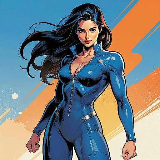 Strong Woman in Glossy Blue Bodysuit Comic Artwork