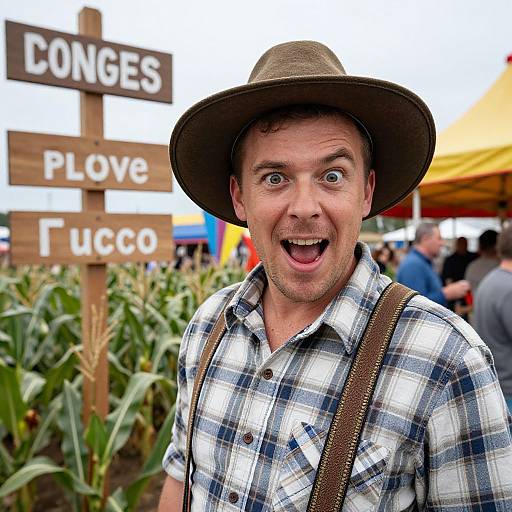 Smiling Man in Plaid Shirt and Hat at Outdoor Cornfield Festival