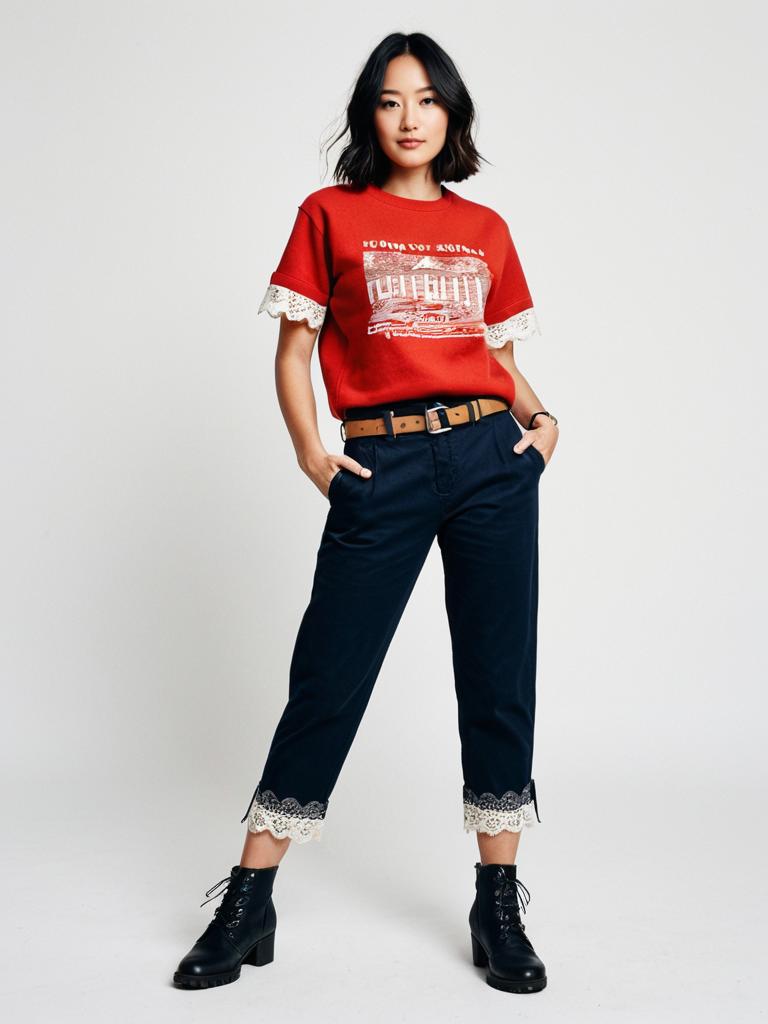 Stylish Young Woman in Red Sweater and Navy Pants with Lace Accents
