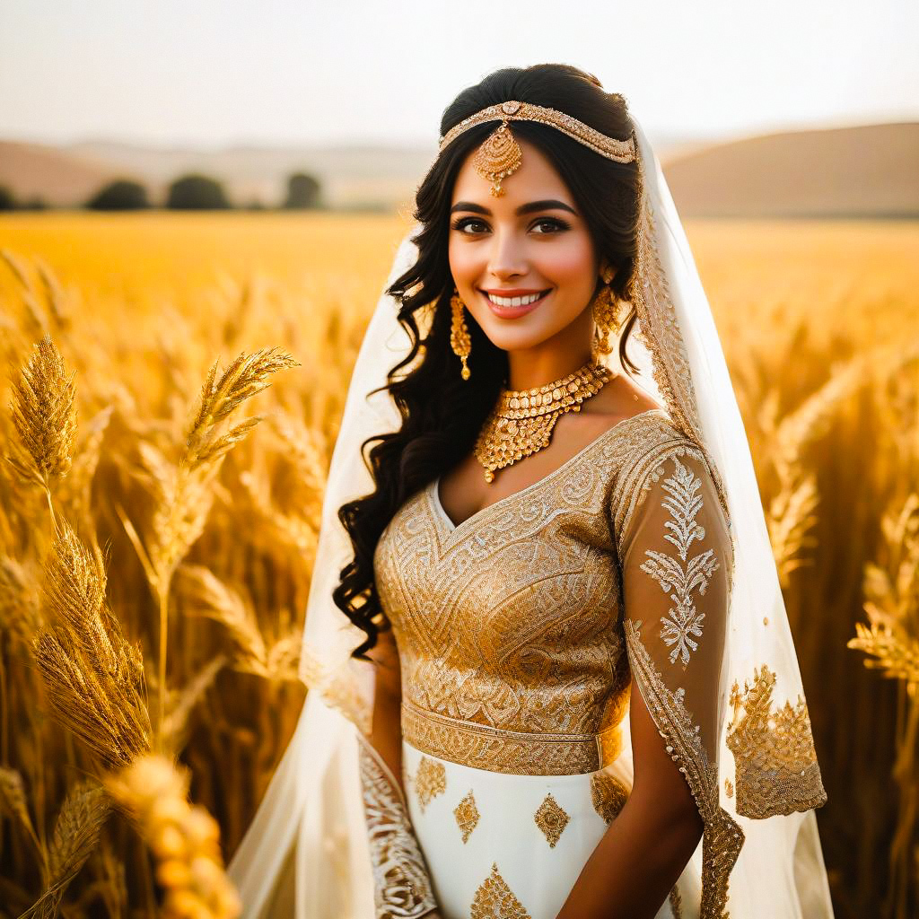 Woman in Embroidered Outfit in Wheat Field at Sunset