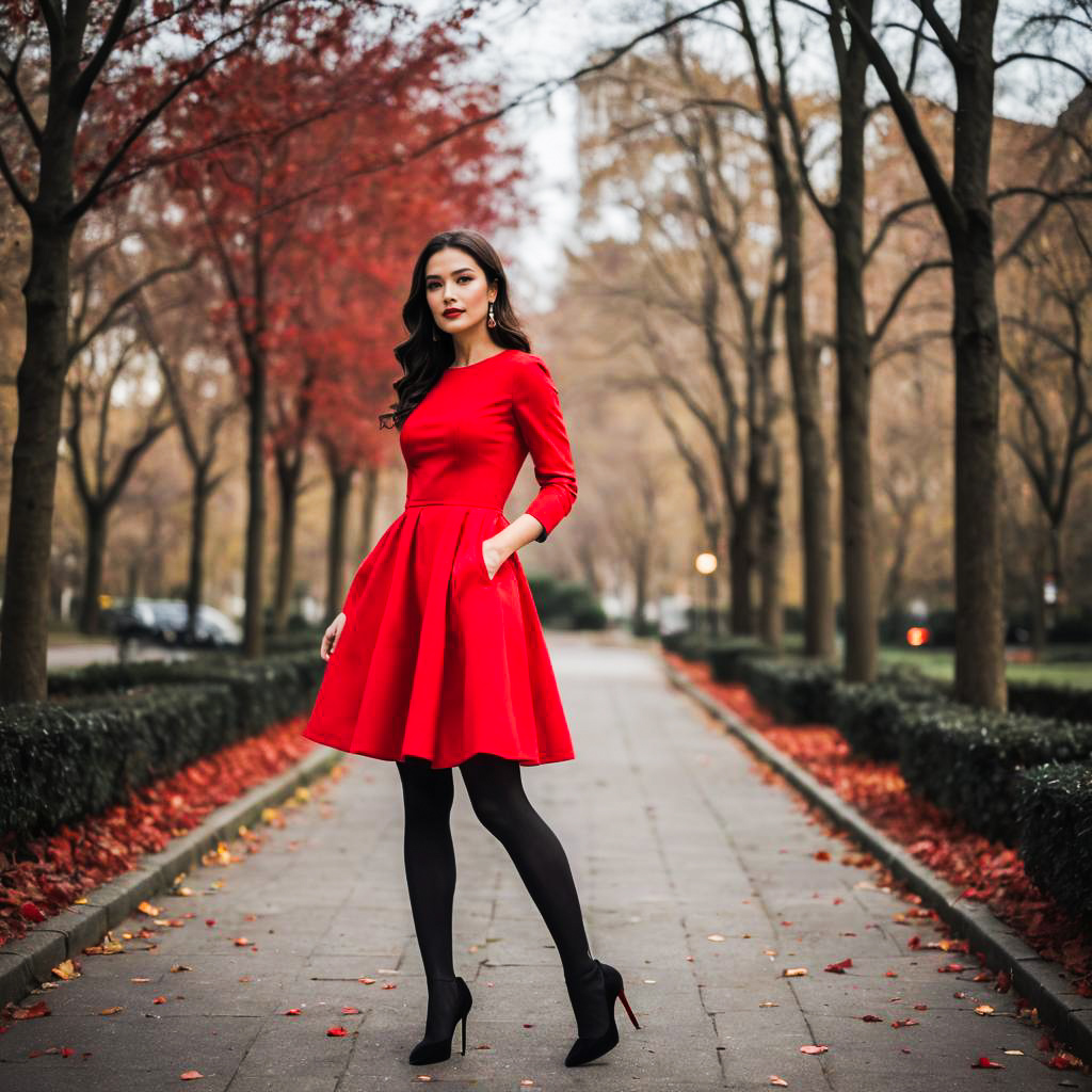 Woman in Red Dress Strolling Through Autumn Pathway