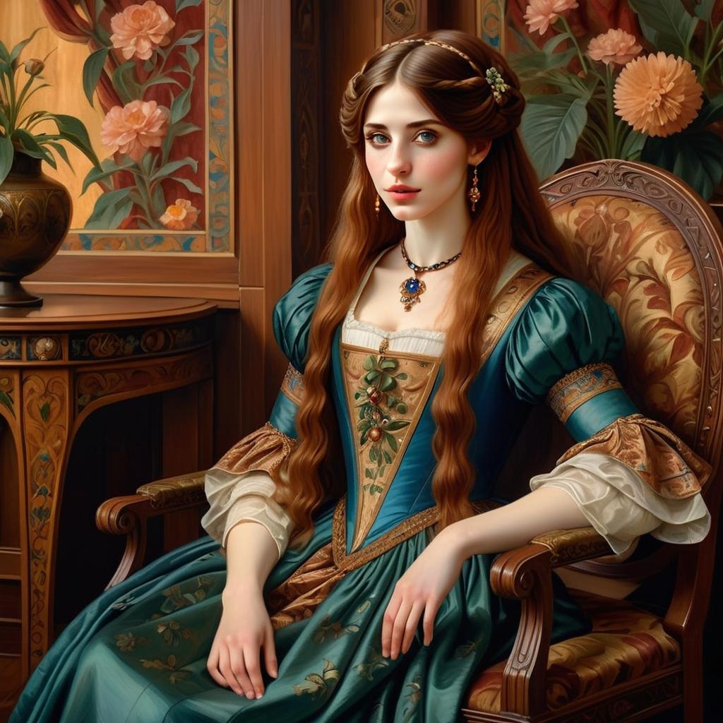 Young Woman in Renaissance Gown on Ornate Chair