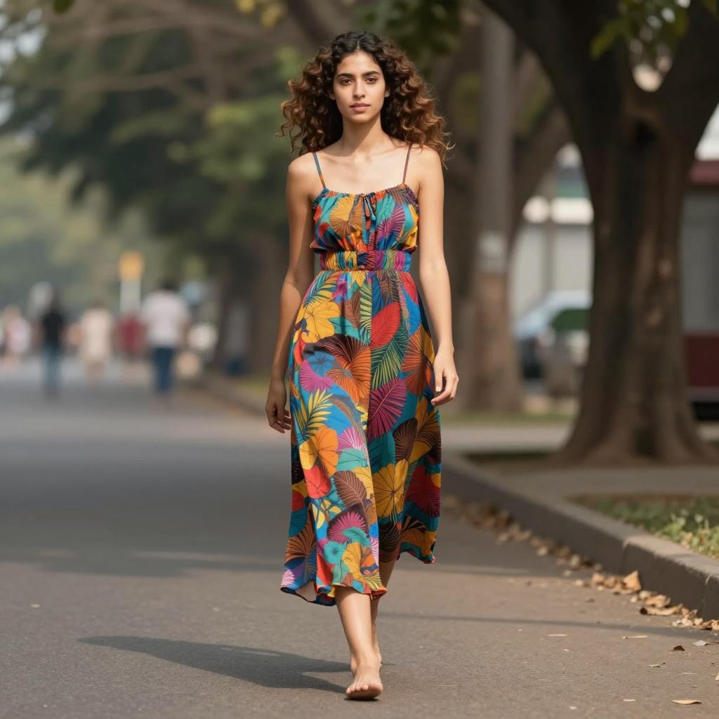 Young Woman Wearing Vibrant Tropical Print Sundress Walking Barefoot Outdoors