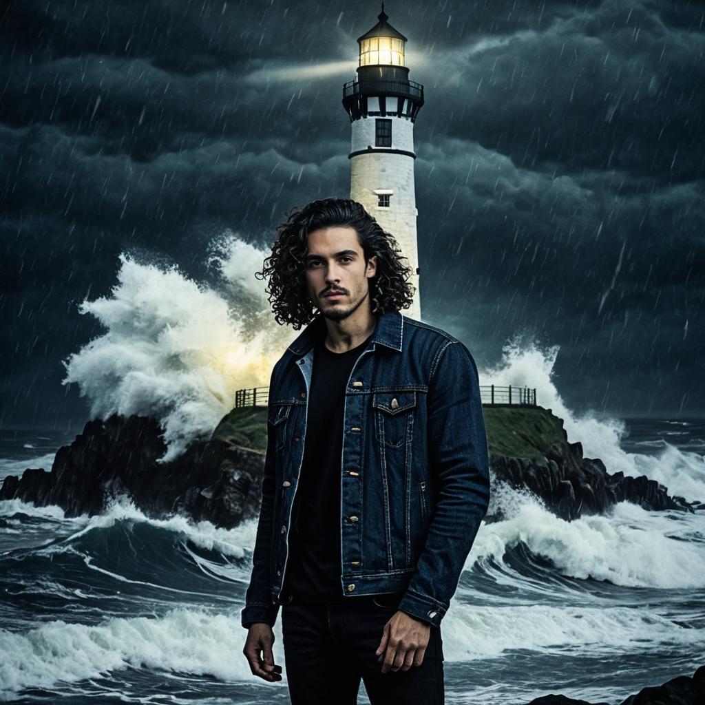 Young Man at Lighthouse During Storm