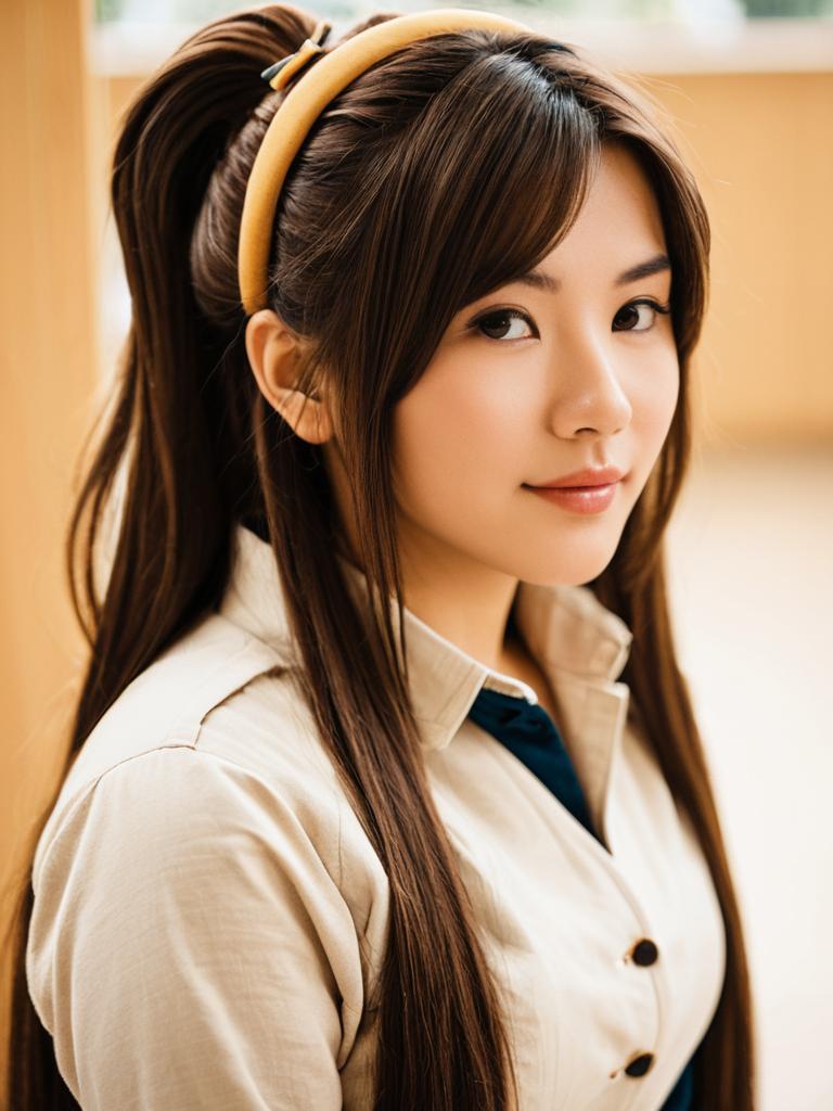 Confident Young Asian Woman with Long Brown Hair in Tan Headband