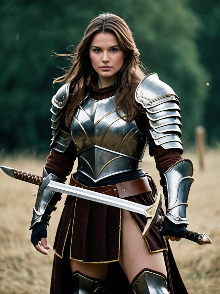 Female Warrior in Medieval Armor Holding Sword Outdoors
