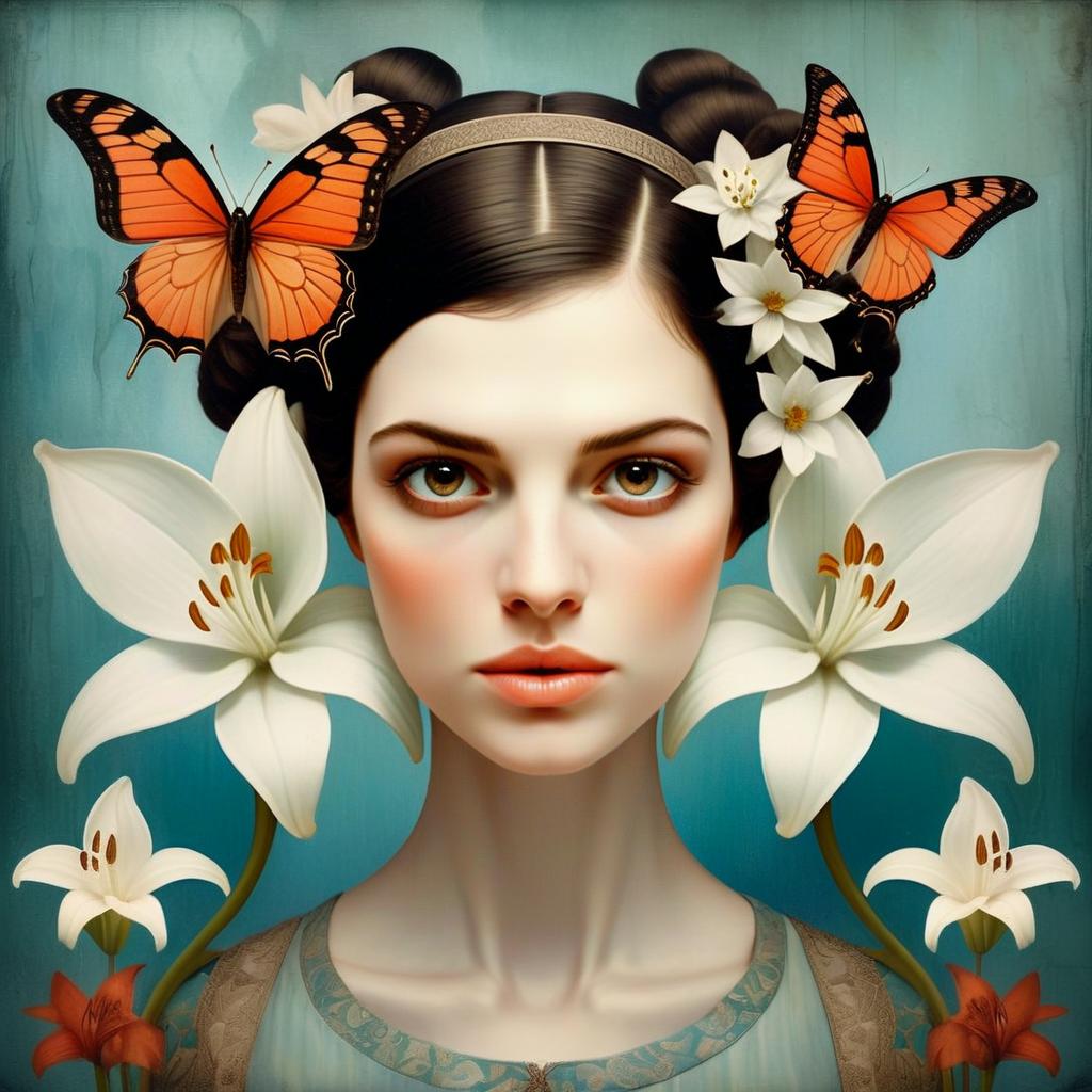 Surreal Portrait of Woman with Braided Hair and Butterflies