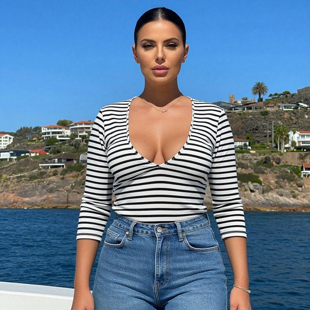 Woman in Striped Top and Jeans by Coastal Waterfront