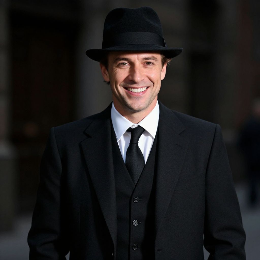 Smiling Man in Classic Black Suit and Fedora Hat Portrait