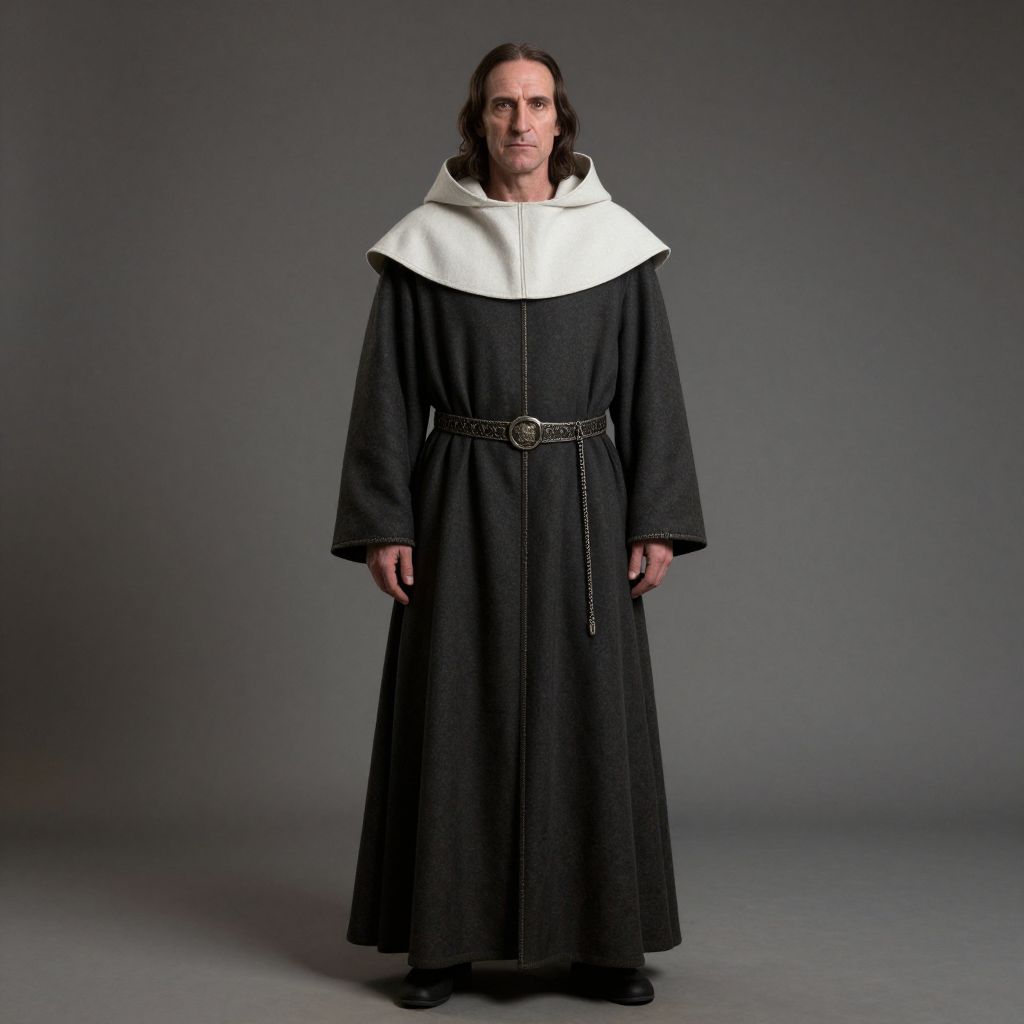 Medieval Monk in Traditional Monastic Robe with Hood and Belt