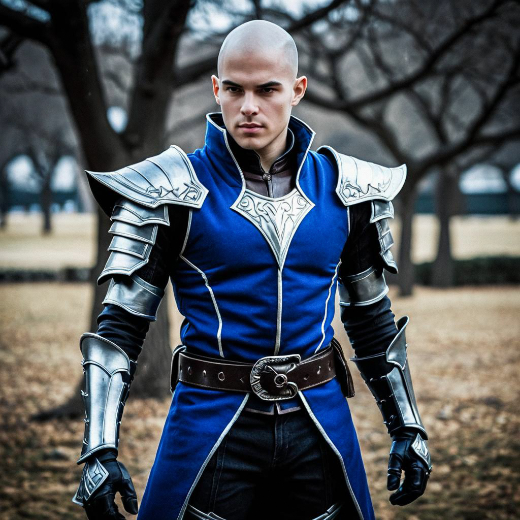 Man in Blue Silver Fantasy Armor Outdoors Man in Blue Silver Fantasy Armor Outdoors