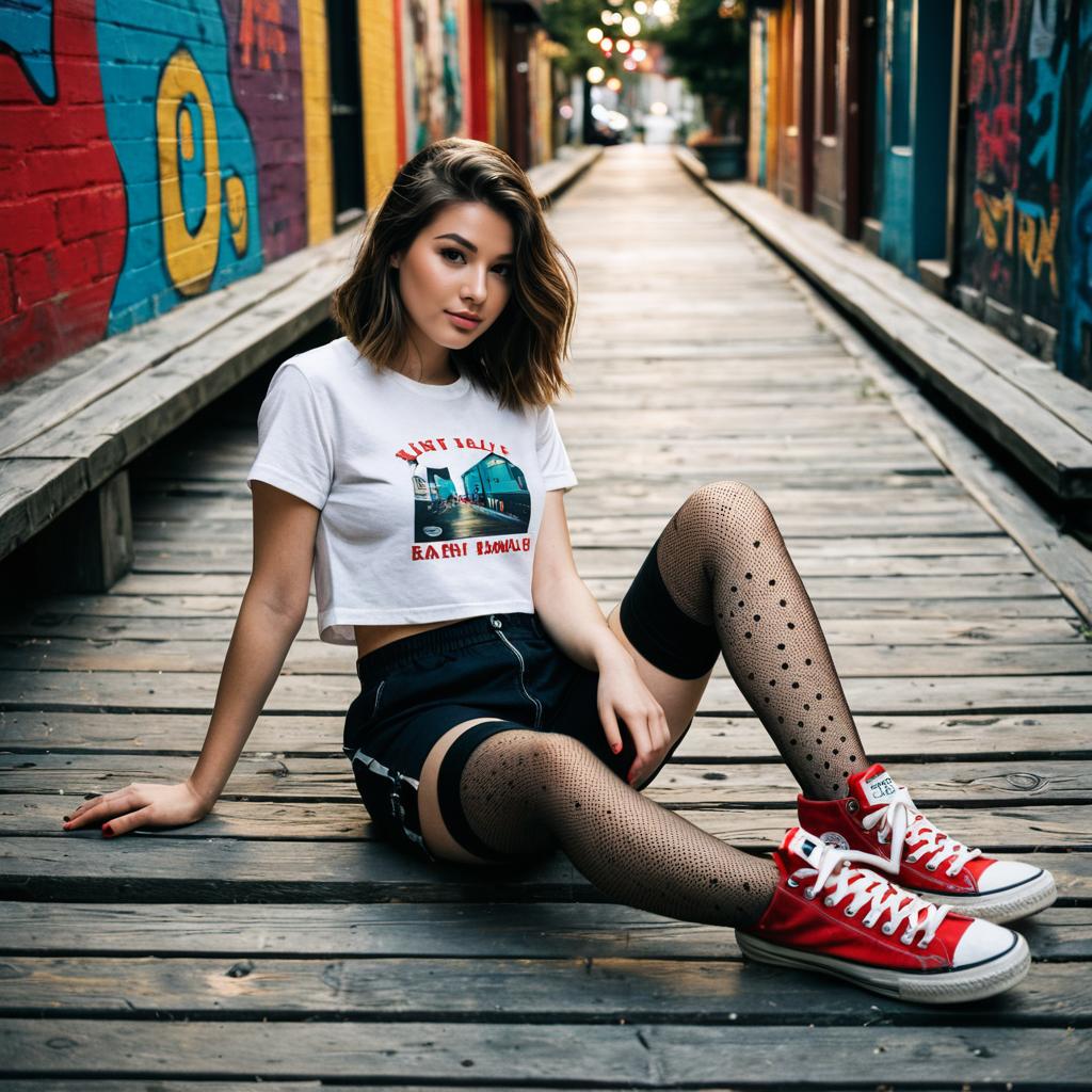 Young Woman in Street Style Outfit Sitting on Graffiti Alley Wooden Pathway