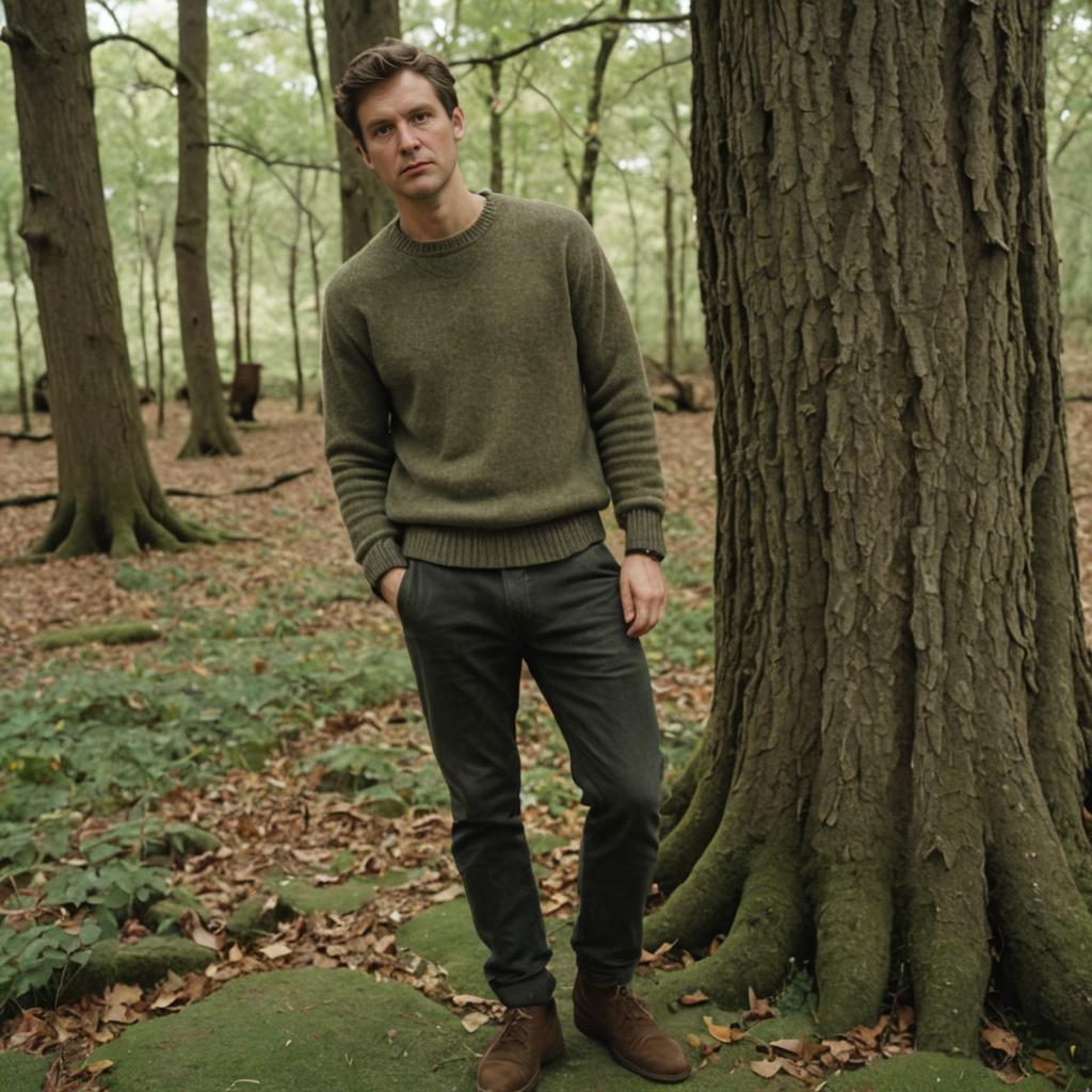 Contemplative man in a lush forest