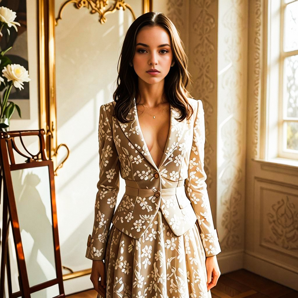 Stylish Woman in Floral Blazer in Elegant Room Stylish Woman in Floral Blazer in Elegant Room