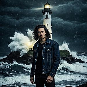 Young Man at Lighthouse During Storm