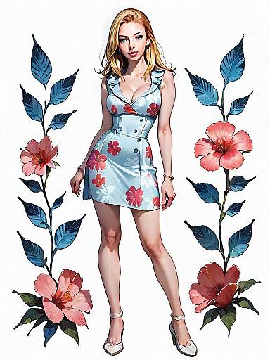Realistic Comic Style Woman in Tropical Floral Dress with Hibiscus Flowers Full Body Illustration