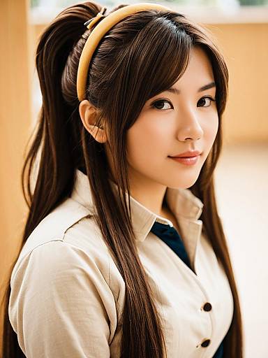 Confident Young Asian Woman with Long Brown Hair in Tan Headband