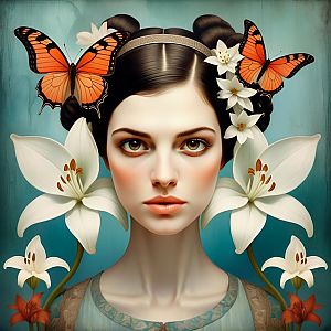 Surreal Portrait of Woman with Braided Hair and Butterflies