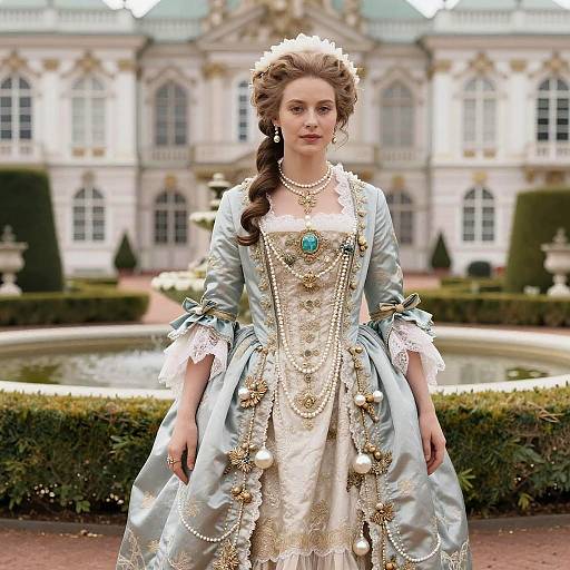 Elegant Woman in 18th Century Rococo Dress in Garden