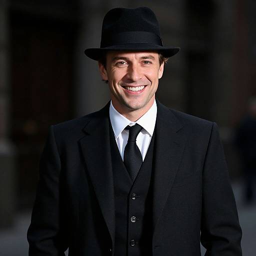 Smiling Man in Classic Black Suit and Fedora Hat Portrait
