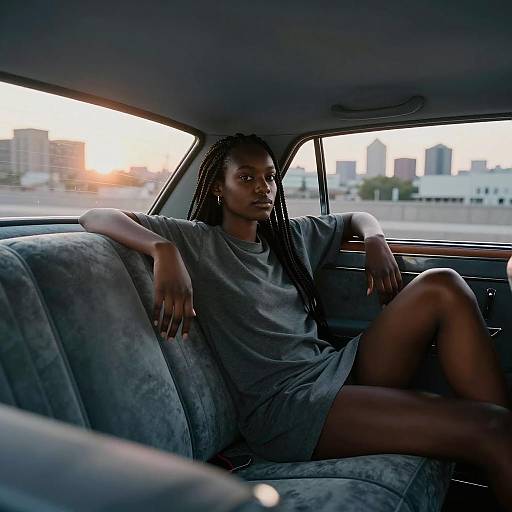 Young Woman Relaxing Inside Vintage Car at Sunset with City Skyline