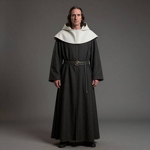 Medieval Monk in Traditional Monastic Robe with Hood and Belt
