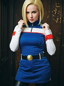 Realistic Android 18 Woman Cosplay Blue Dress Costume Photo